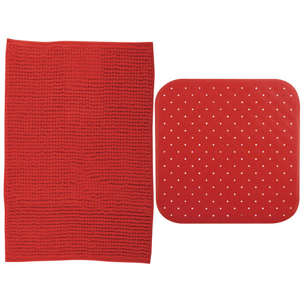 MSV Douche anti-slip mat en droogloop mat - Sevilla badkamer set - rubber/microvezel - rood - Badmatjes