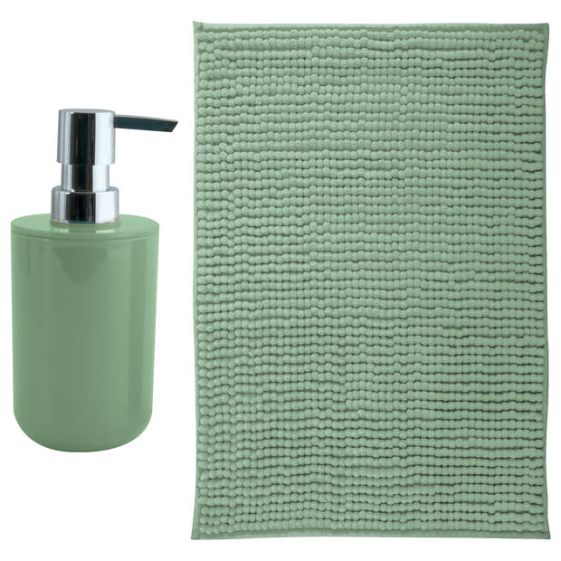 MSV badkamer droogloop mat - Milano - 40 x 60 cm - met bijpassend zeeppompje - groen - Badmatjes