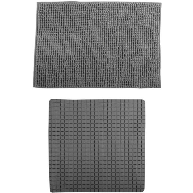 MSV Douche anti-slip mat en droogloop mat - Sevilla badkamer set - rubber/microvezel - donkergrijs - Badmatjes