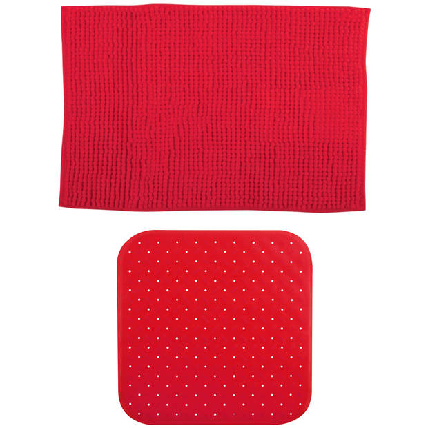 MSV Douche anti-slip mat en droogloop mat - Sevilla badkamer set - rubber/microvezel - rood - Badmatjes