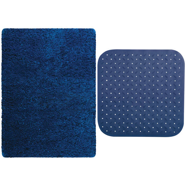 MSV Douche anti-slip mat en droogloop mat - Venice badkamer set - rubber/microvezel - donkerblauw - Badmatjes