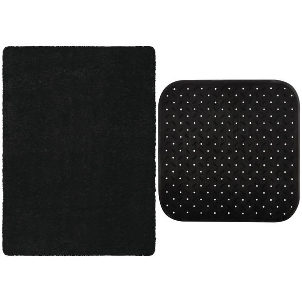 MSV Douche anti-slip mat en droogloop mat - Venice badkamer set - rubber/microvezel - zwart - Badmatjes