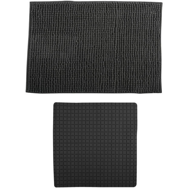 MSV Douche anti-slip mat en droogloop mat - Sevilla badkamer set - rubber/microvezel - donkergrijs - Badmatjes