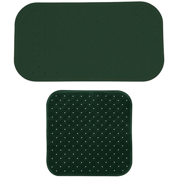 MSV Douche/bad anti-slip matten set badkamer - rubber - 2x stuks - donkergroen - 2 formaten - Badmatjes