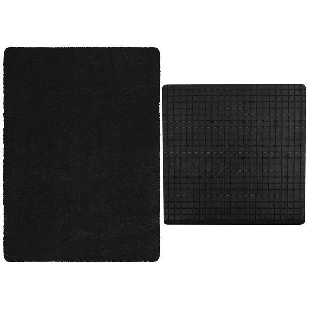 MSV Douche anti-slip mat en droogloop mat - Venice badkamer set - rubber/microvezel - zwart - Badmatjes