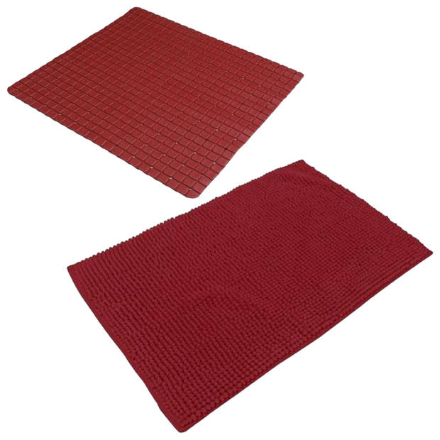 Urban Living Douche anti-slip en droogloop mat/tapijt - badkamer set - rubber/polyester - donkerrood - Badmatjes