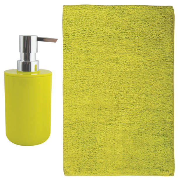 MSV badkamer droogloop mat - Napoli - 45 x 70 cm - met bijpassend zeeppompje - limegroen - Badmatjes