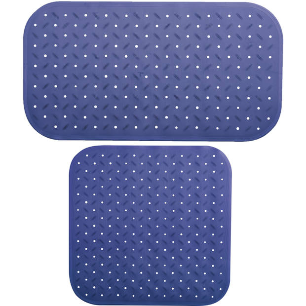 MSV Douche/bad anti-slip matten set badkamer - rubber - 2x stuks - donkerblauw - 2 formaten - Badmatjes