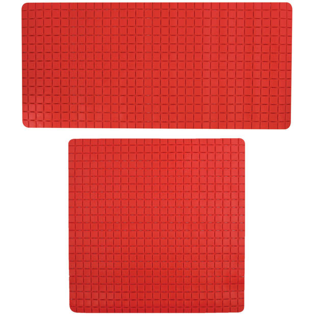 MSV Douche/bad anti-slip matten set badkamer - rubber - 2x stuks - rood - 2 formaten - Badmatjes