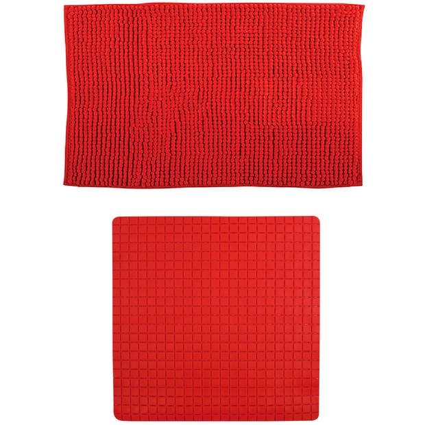 MSV Douche anti-slip mat en droogloop mat - Sevilla badkamer set - rubber/microvezel - rood - Badmatjes