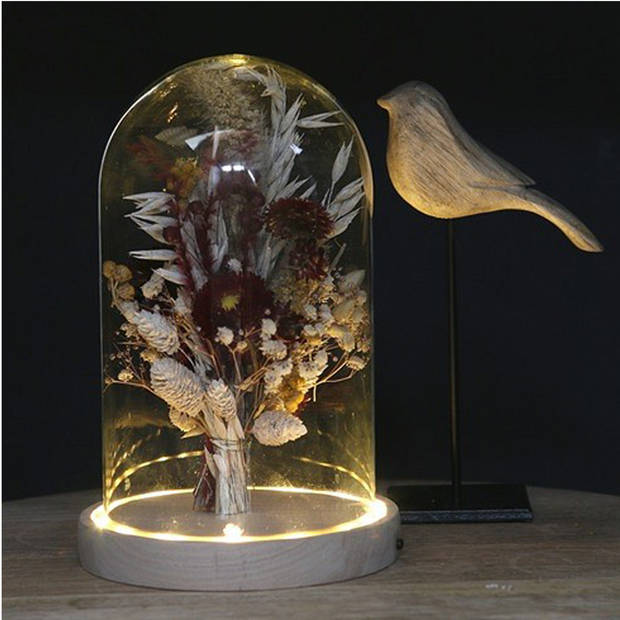 Ideas 4 Seasons Decoratie stolp - glas - houten plateau - LED licht - D14 x H21,5 cm - Decoratieve stolpen