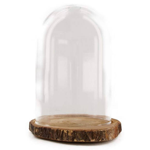 Dijk Natural Collections stolp - glas - houten bruin plateau - D18 x H26 cm - Decoratieve stolpen