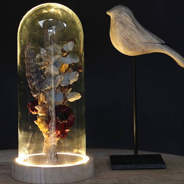 Ideas 4 Seasons Decoratie stolp - glas - houten plateau - LED licht - D10 x H20,5 cm - Decoratieve stolpen