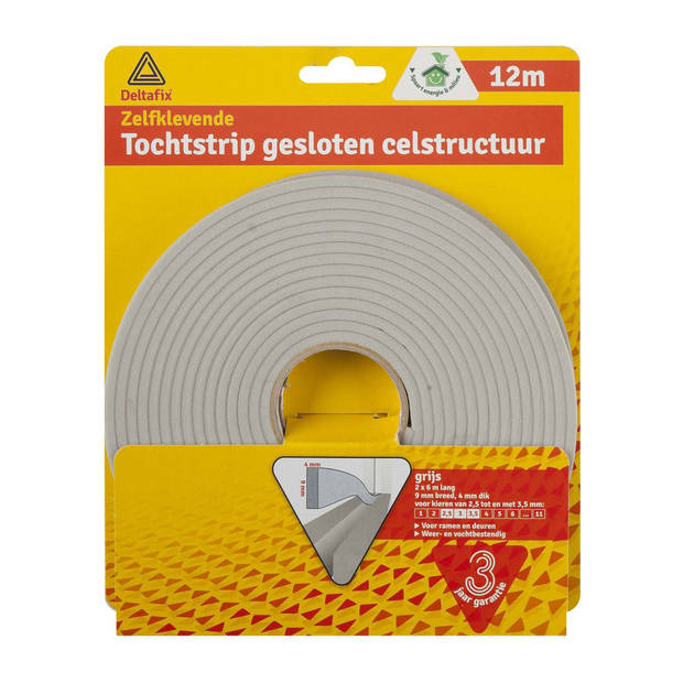 Tochtstrip - 2x - tochtwering - grijs - zelfklevend - universeel - 12 m x 9 mm x 4 mm - Tochtstrippen