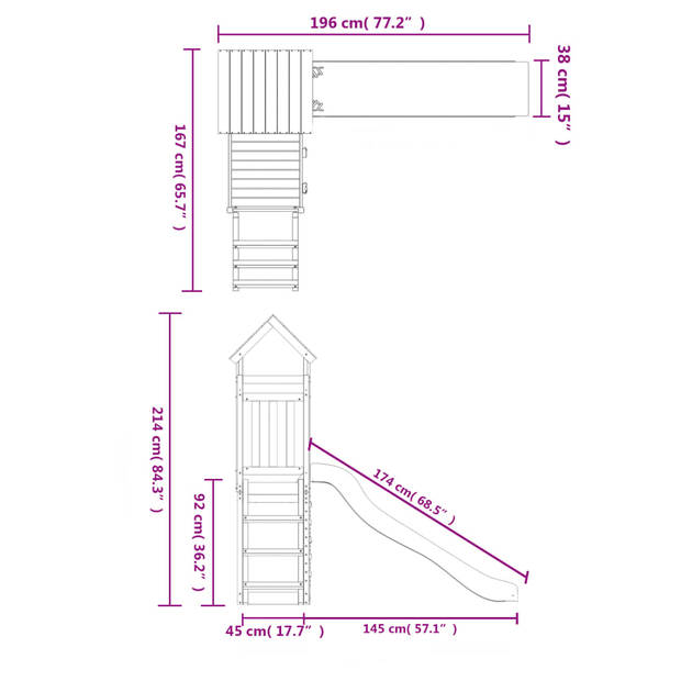 The Living Store Speeltoren - Houten - 255 x 167 x 214 cm - Massief grenenhout - Golvende glijbaan - Ladder - Rotswand