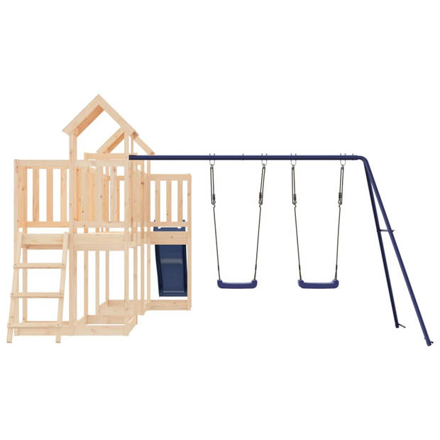 The Living Store Speeltorens met brug - 356 x 589 x 214 cm - massief grenenhout - blauwe schommel en glijbaan -