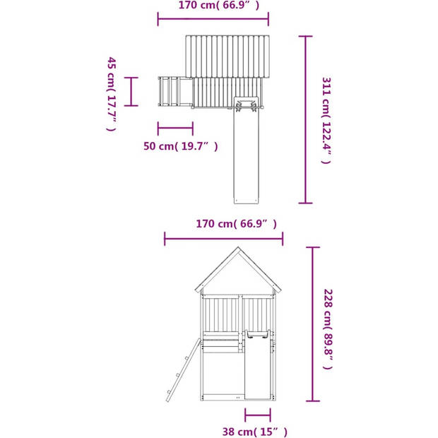 The Living Store Houten Speeltoren - 120 x 111 x 228 cm - Grenenhout - 90 cm hoog platform - Golvende glijbaan - The