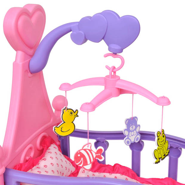 The Living Store Poppenbed Roze + Paars 48x27x49cm - Geschikt vanaf 3 jaar - Inclusief kussen - deken en kinderbed met