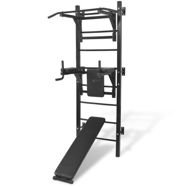 The Living Store Power Tower - verstelbaar dip-station - pull-up stang en sit-up bankje - zwart - 90 x 130 x 219 cm -