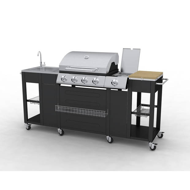 The Living Store Gasbarbecue Vier Branders - 66x46.5 cm - RVS - 8 wielen