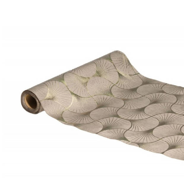 Chaks Tafelloper op rol - ginkgo print - beige/champagne - 28 x 300 cm - polyester - Feesttafelkleden