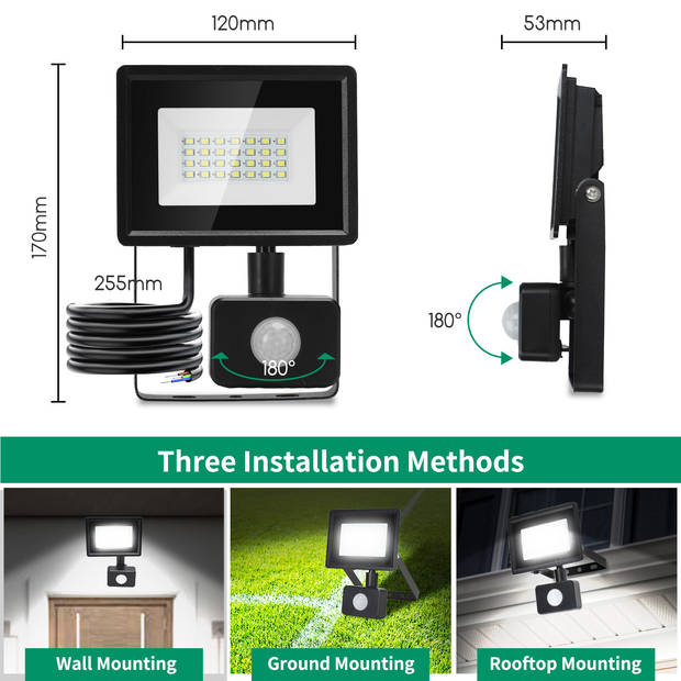 Aigostar LH9 - LED Schijnwerper Met bewegingssensor - 10W - IP65 - Buitenlamp - 6500K - Floodlight - Bouwlamp - Zwart