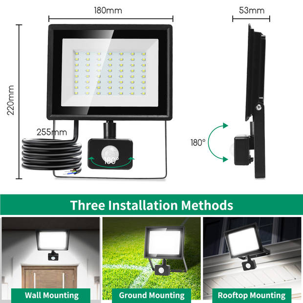 Aigostar 10LI2 - LED Schijnwerper 50W met sensor - IP65 Waterdicht - 6500K - Floodlight - Bouwlamp - Zwart