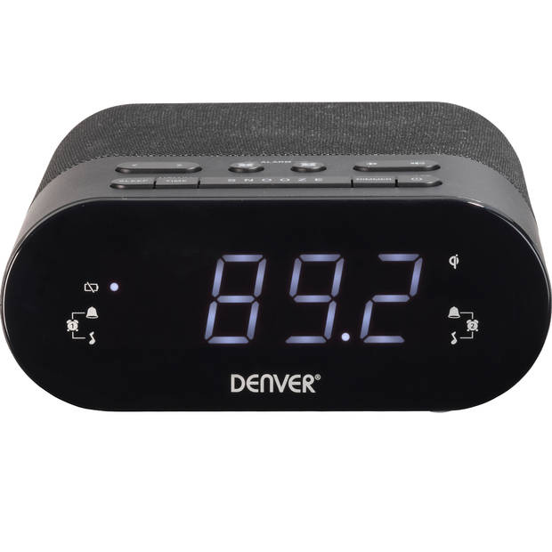 Denver Wekkerradio met Draadloze Oplader - Dual alarmklok en Dimmer - Digitale Wekker - FM Radio - CRQ107 - Zwart
