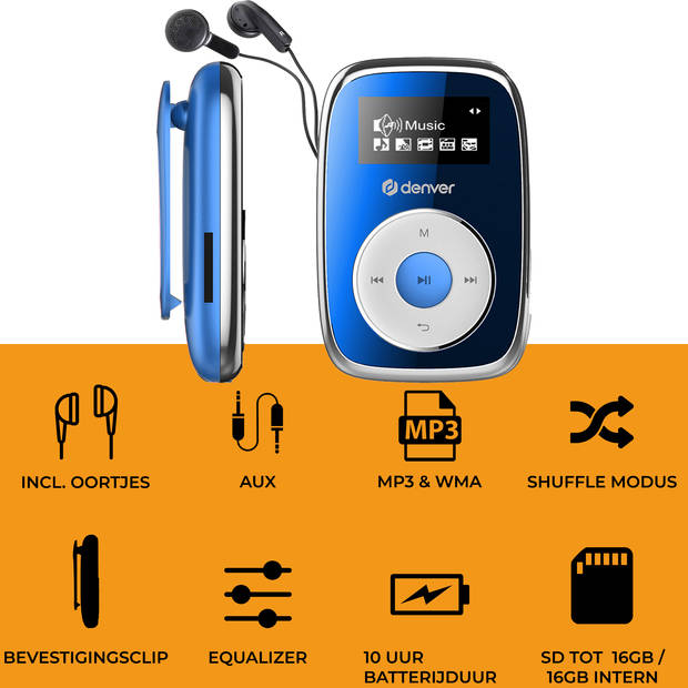 Denver MP3 Speler Incl. Oordopjes - 32GB - Shuffle - Kinderen & Volwassenen - Bevestigingsclip - AUX - MPS316 - Blauw