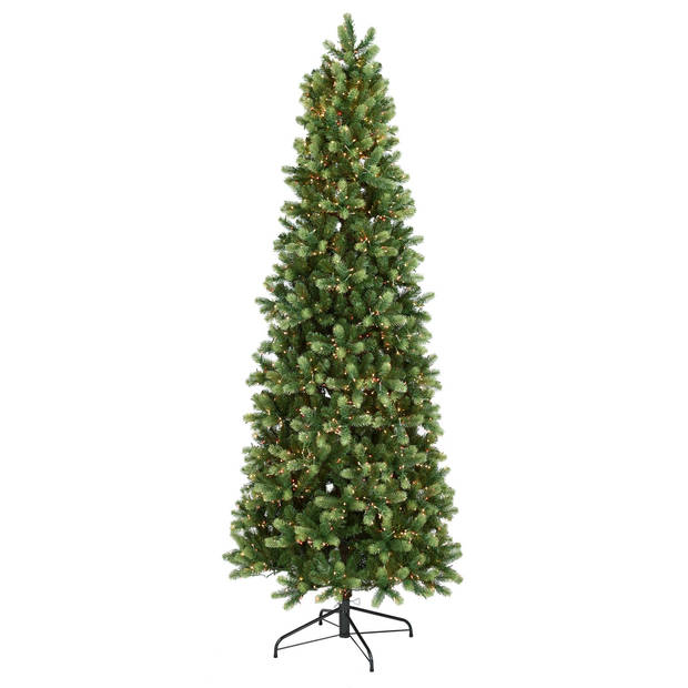 Georgia kunstkerstboom smal - 274 cm - groen - Ø 107 cm - 2.084 tips - 2.550 rode & witte ledlampjes - metalen voet