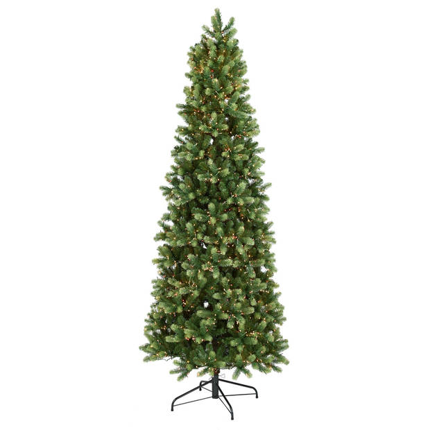 Georgia kunstkerstboom smal - 213 cm - groen - Ø 91 cm - 1.323 tips - 1.800 rode & witte ledlampjes - metalen voet