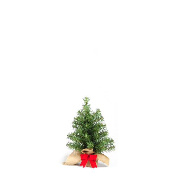 Forest Table Tree kunst (tafel)kerstboom - 30 cm - groen - Ø 25 cm - 38 tips - met rode strik - jute zak