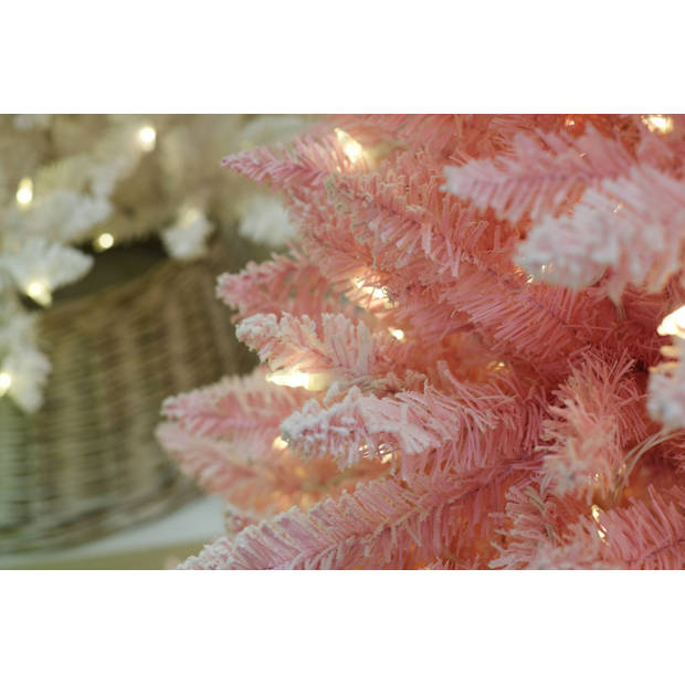Funky Pink kunstkerstboom - 183 cm - roze - 300 ledlampjes - besneeuwd - metalen voet
