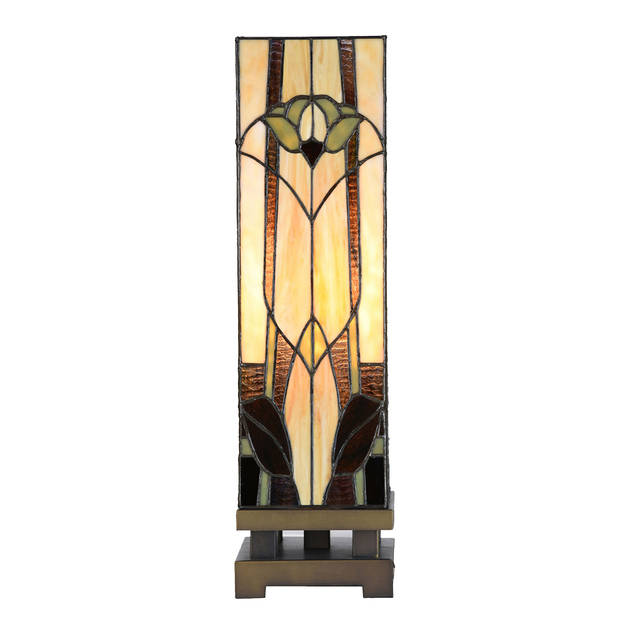 HAES DECO - Tiffany Tafellamp 15x15x54 cm Beige Bruin Glas Tiffany Bureaulamp