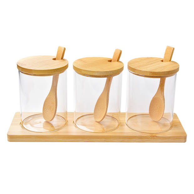 Clayre & Eef Voorraadpot Set van 3 Ø 8x10 cm Transparant Glas Hout Transparant