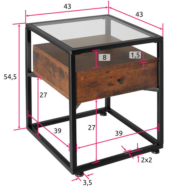 tectake - nachtkast Preston - nachtkastje 43x45x54,5cm - industrieel donkerbruin - 404680