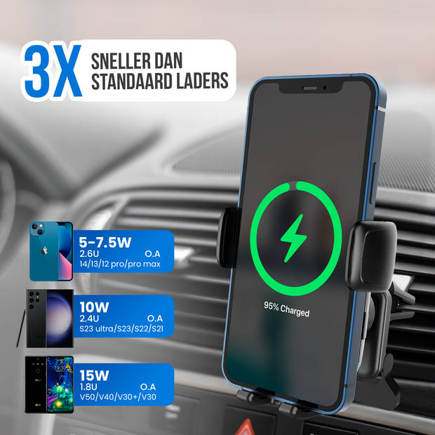 Strex Telefoonhouders Auto met Qi Draadloze Oplader 15W (Fast Charge) - Raam / Ventilatierooster / Dashboard -