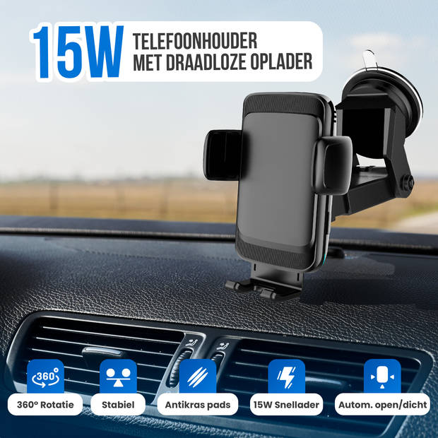 Strex Telefoonhouders Auto met Qi Draadloze Oplader 15W (Fast Charge) - Raam / Ventilatierooster / Dashboard -