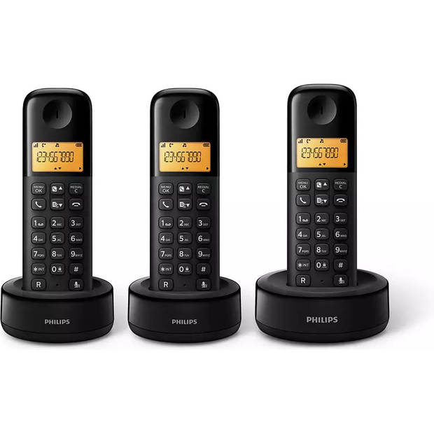 Philips D1603B/01- Draadloze DECT-Telefoon met 3 Handsets - Huistelefoon met Groot Display (4,1 cm) en Nummerherkenning