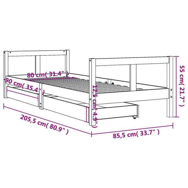 vidaXL Kinderbedframe met lades 80x200 cm massief grenenhout