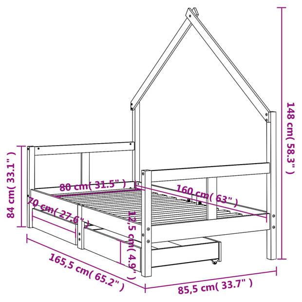 vidaXL Kinderbedframe met lades 80x160 cm massief grenenhout wit