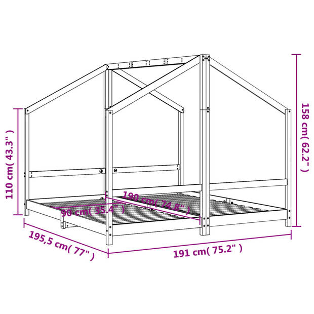 vidaXL Kinderbedframe 2x(90x190) cm massief grenenhout zwart