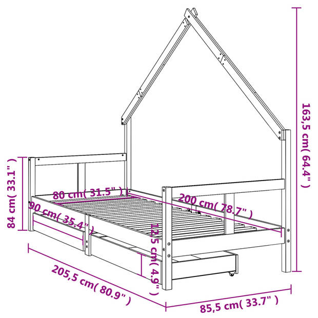 vidaXL Kinderbedframe met lades 80x200 cm massief grenenhout wit