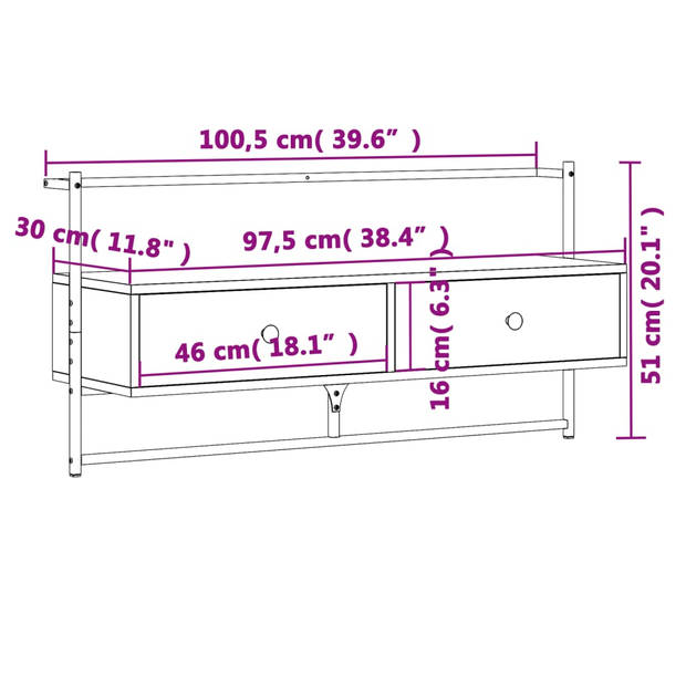 vidaXL Tv-meubel wandgemonteerd 100,5x30x51 cm hout grijs sonoma eiken