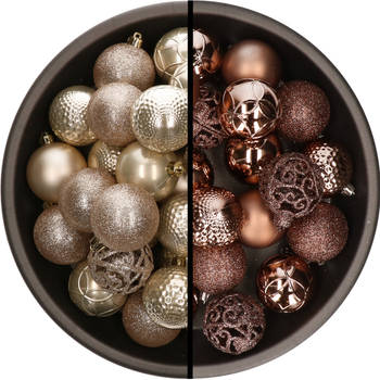 Kunststof kerstballen 74x stuks champagne en bruin 6 cm - Kerstbal
