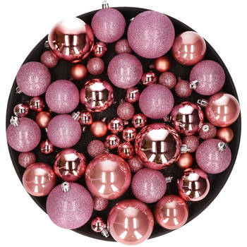 Kerstversiering set kerstballen roze 6 - 8 - 10 cm - pakket van 62x stuks - Kerstbal