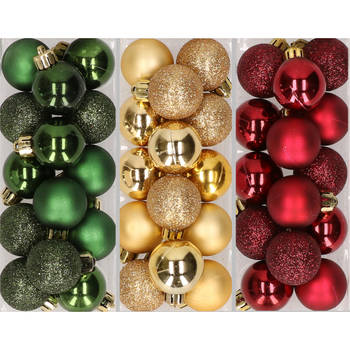 42x stuks kleine kunststof kerstballen goud, bordeaux rood en dennengroen 3 cm - Kerstbal