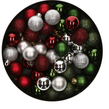 42x Stuks kunststof kerstballen mix donkergroen/zilver/donkerrood 3 cm - Kerstbal