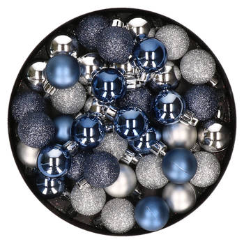 Kleine kunststof kerstversiering 40x stuks set en 3 cm kerstballen in het zilver en donkerblauw - Kerstbal