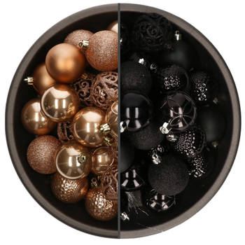 74x stuks kunststof kerstballen mix zwart en camel bruin 6 cm - Kerstbal